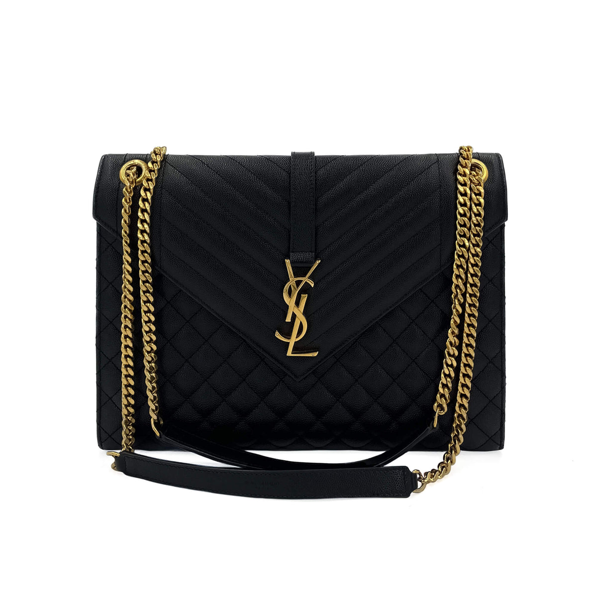 Second hand Saint Laurent Envelope Large Embossed Grained Leather 2 - Ways Envelope Bag Black - Tabita Bags