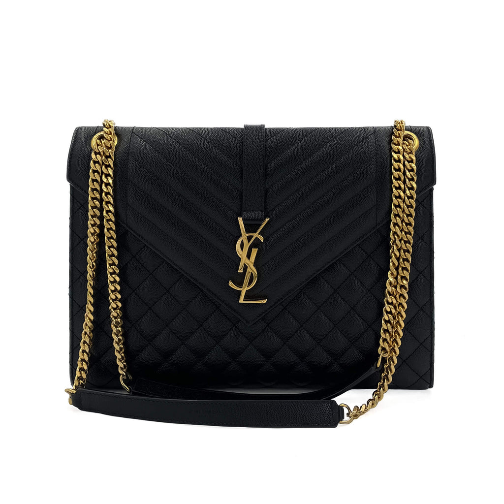 Second hand Saint Laurent Envelope Large Embossed Grained Leather 2 - Ways Envelope Bag Black - Tabita Bags
