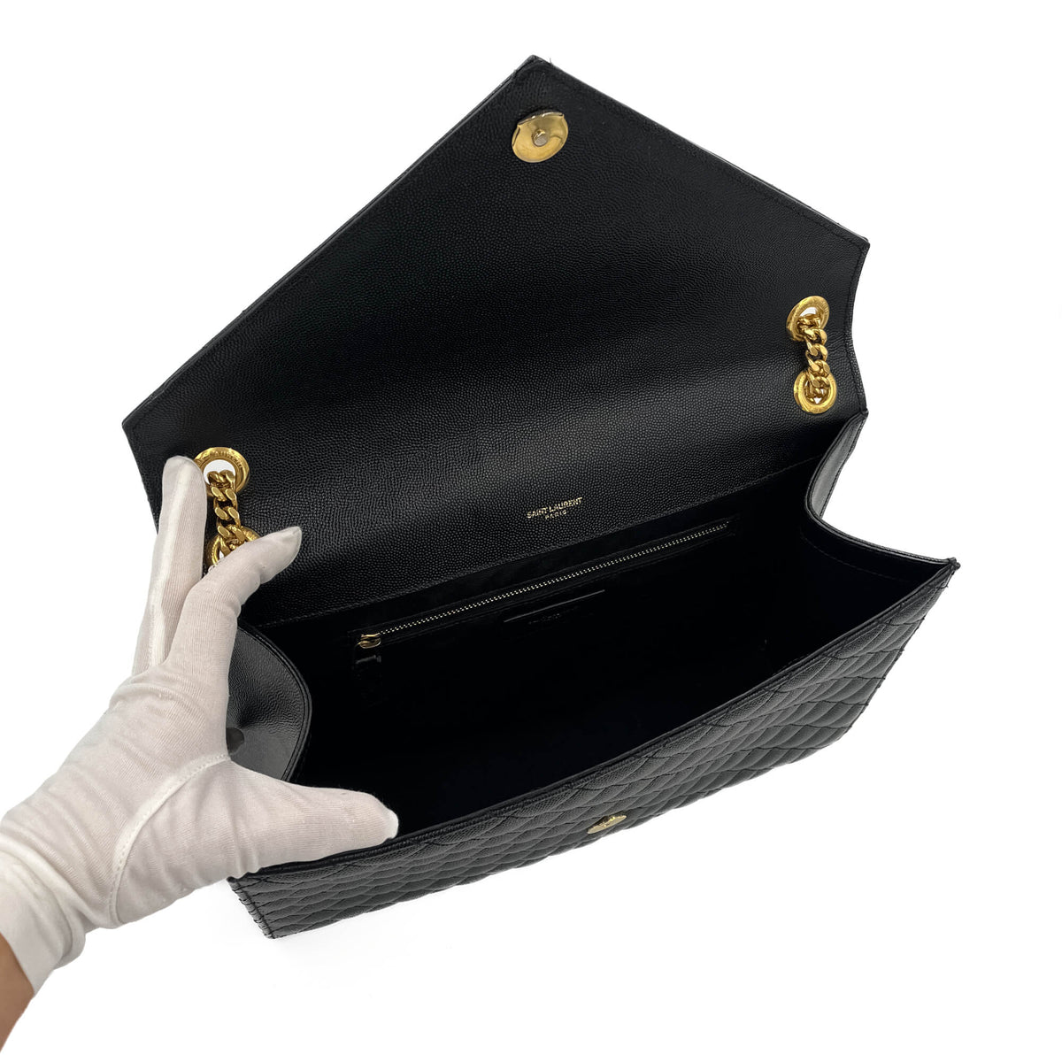 Second hand Saint Laurent Envelope Large Embossed Grained Leather 2 - Ways Envelope Bag Black - Tabita Bags