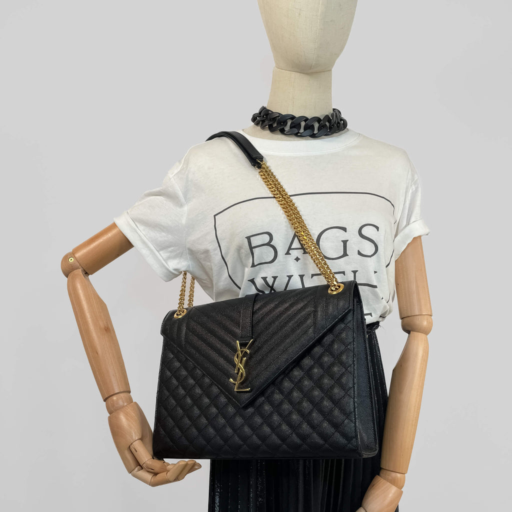 Second hand Saint Laurent Envelope Large Embossed Grained Leather 2 - Ways Envelope Bag Black - Tabita Bags