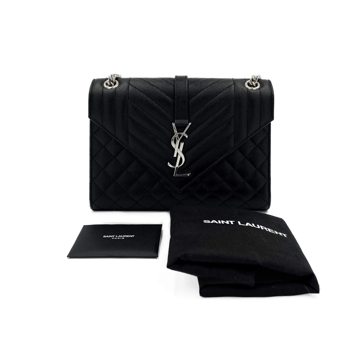 Second hand Saint Laurent Envelope Medium Embossed Grained Leather 2-Ways Envelope Bag Black - Tabita Bags