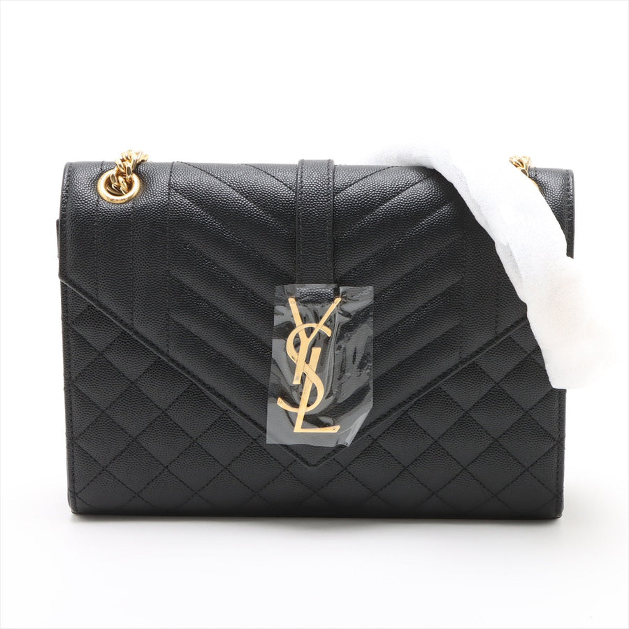 Second hand Saint Laurent Envelope Medium Embossed Grained Leather 2-Ways Envelope Bag Black - Tabita Bags