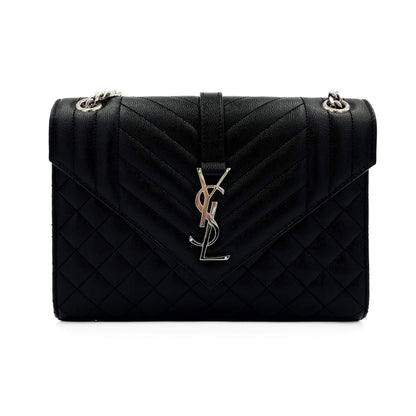 Second hand Saint Laurent Envelope Medium Embossed Grained Leather 2-Ways Envelope Bag Black - Tabita Bags