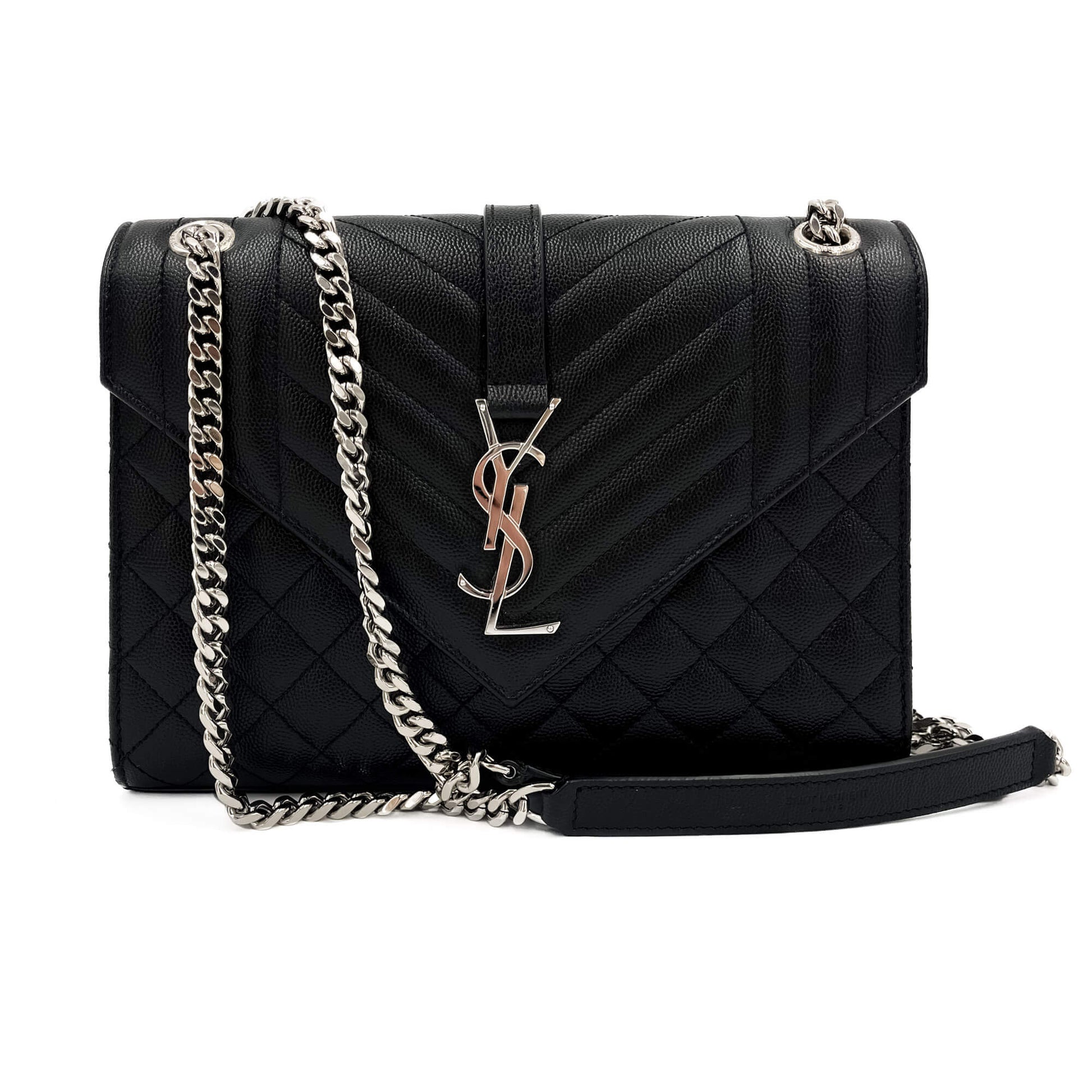 Second hand Saint Laurent Envelope Medium Embossed Grained Leather 2-Ways Envelope Bag Black - Tabita Bags