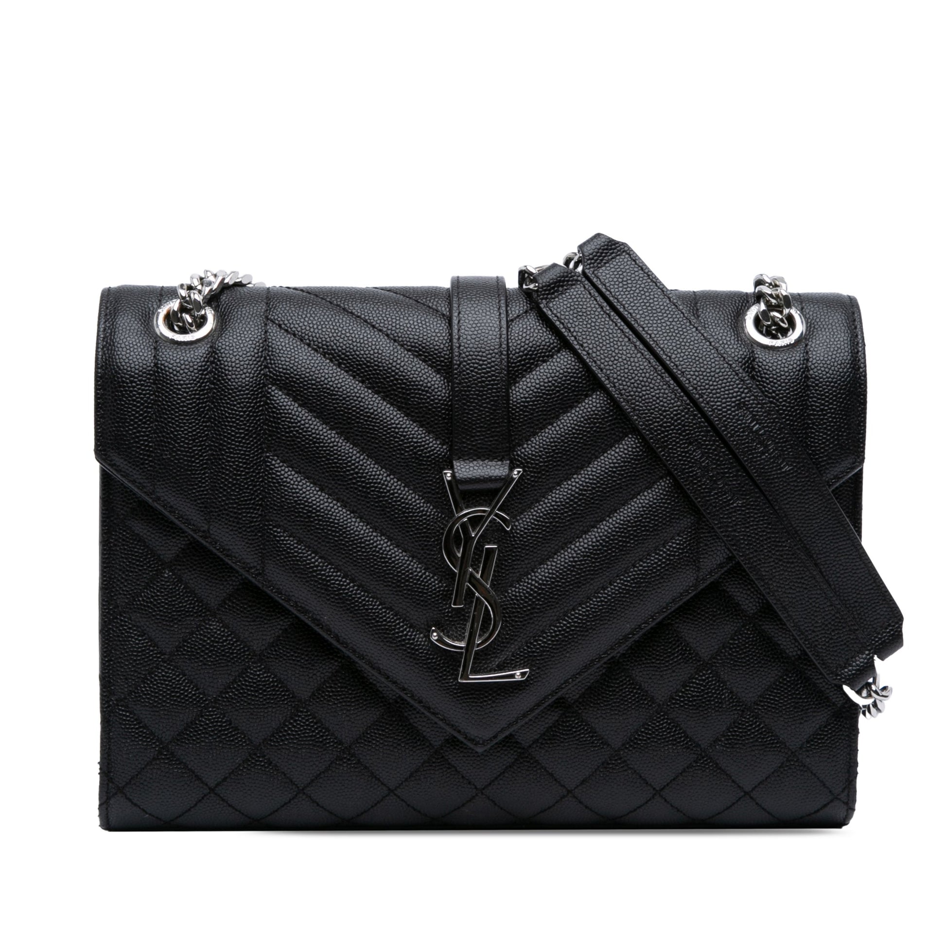 Second hand Saint Laurent Envelope Medium Embossed Grained Leather 2 - Ways Envelope Bag Black - Tabita Bags