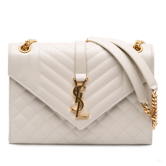 Second hand Saint Laurent Envelope Medium Embossed Grained Leather 2 - Ways Envelope Bag White - Tabita Bags