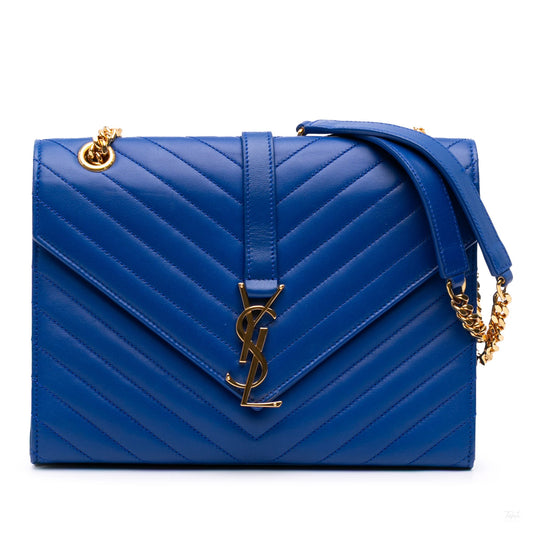 Second hand Saint Laurent Envelope Medium Lambskin Leather Embossed Shoulder Bag Blue - Tabita Bags