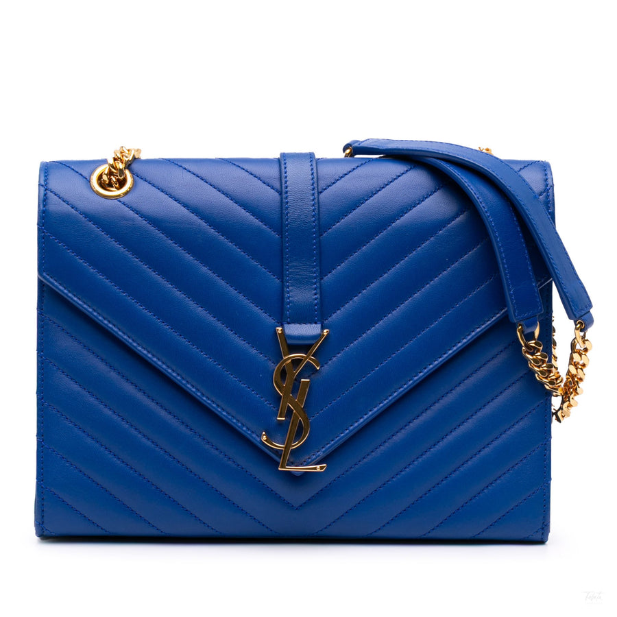 Second hand Saint Laurent Envelope Medium Lambskin Leather Embossed Shoulder Bag Blue - Tabita Bags