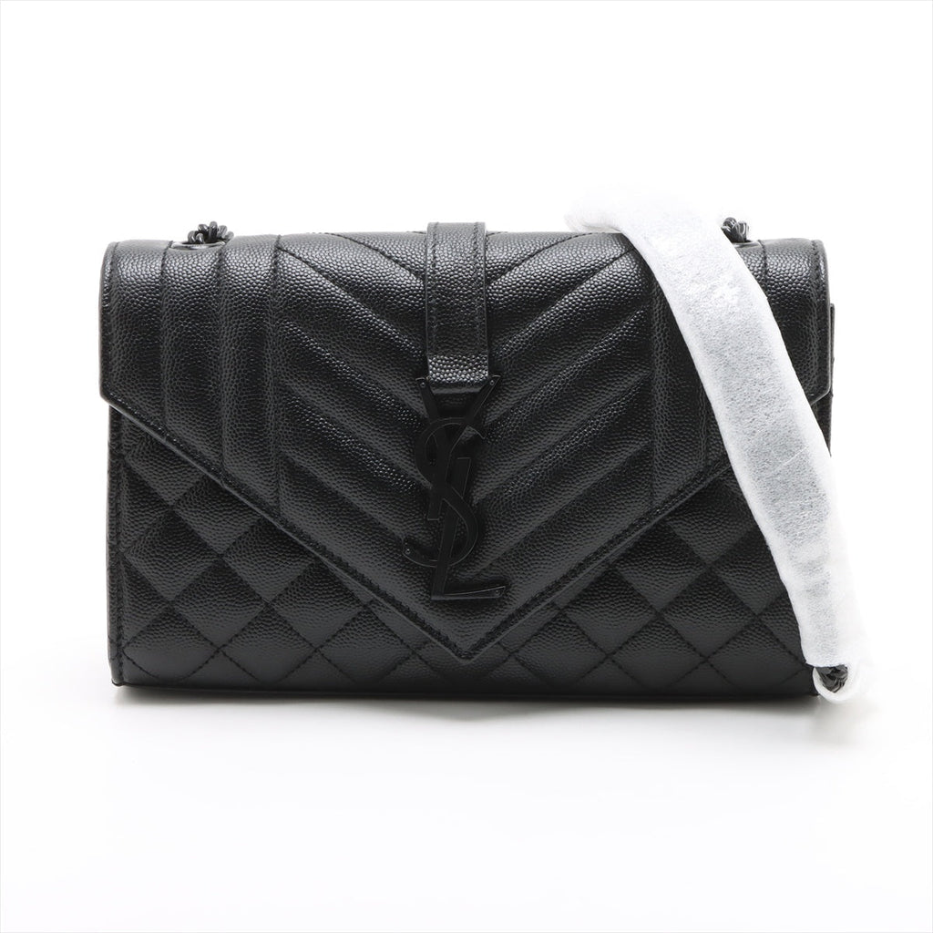 Second hand Saint Laurent Envelope Small Leather Chevron Quilted Shoulder Bag Black - Tabita Bags