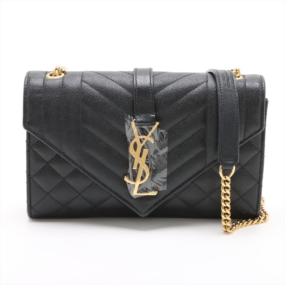 Second hand Saint Laurent Envelope Small Leather Chevron Quilted Shoulder Bag Black - Tabita Bags