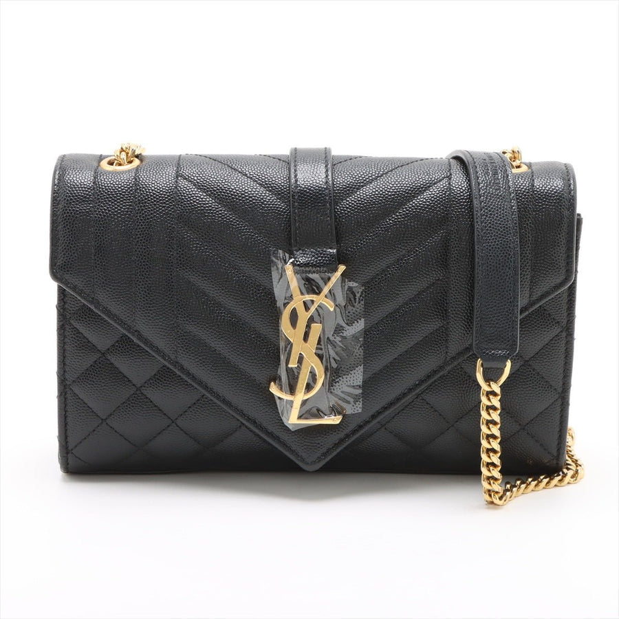 Second hand Saint Laurent Envelope Small Leather Chevron Quilted Shoulder Bag Black - Tabita Bags