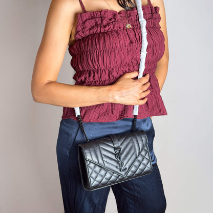 Second hand Saint Laurent Envelope Small Leather Chevron Quilted Shoulder Bag Black - Tabita Bags