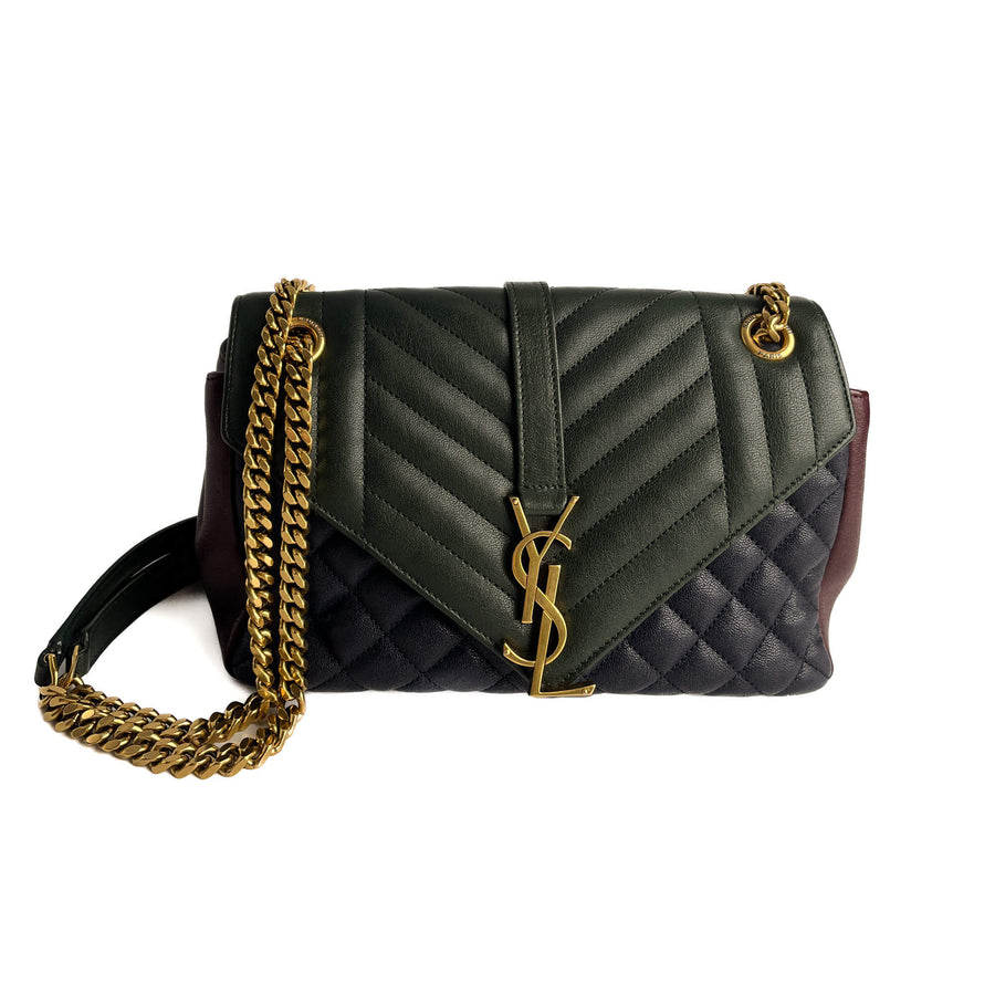 Second hand Saint Laurent Envelope Small Leather Chevron Quilted Shoulder Bag Tricolor - Tabita Bags