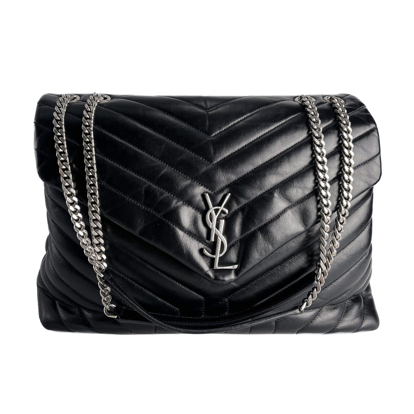 Second hand Saint Laurent Loulou Large Leather Chevron Quilted Envelope Shoulder Bag Black - Tabita Bags