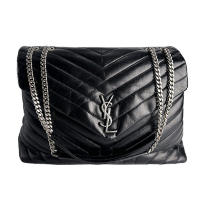 Second hand Saint Laurent Loulou Large Leather Chevron Quilted Envelope Shoulder Bag Black - Tabita Bags