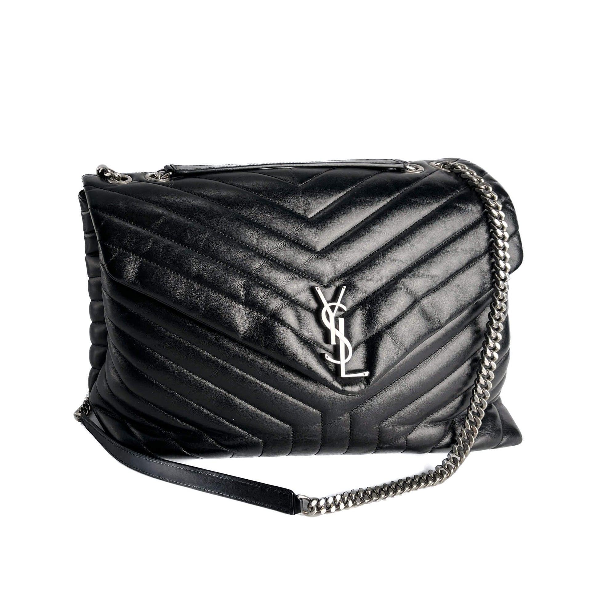 Second hand Saint Laurent Loulou Large Leather Chevron Quilted Envelope Shoulder Bag Black - Tabita Bags