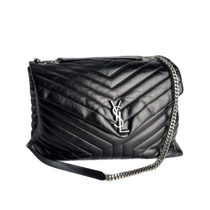 Second hand Saint Laurent Loulou Large Leather Chevron Quilted Envelope Shoulder Bag Black - Tabita Bags