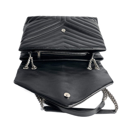 Second hand Saint Laurent Loulou Large Leather Chevron Quilted Envelope Shoulder Bag Black - Tabita Bags