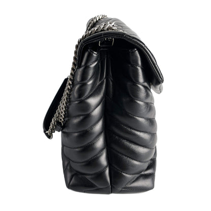 Second hand Saint Laurent Loulou Large Leather Chevron Quilted Envelope Shoulder Bag Black - Tabita Bags