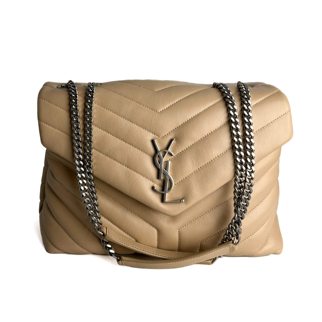 Second hand Saint Laurent Loulou Medium Leather Chevron Quilted Envelope Shoulder Bag Beige - Tabita Bags
