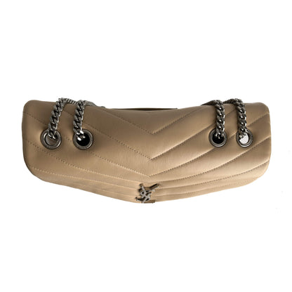 Second hand Saint Laurent Loulou Medium Leather Chevron Quilted Envelope Shoulder Bag Beige - Tabita Bags