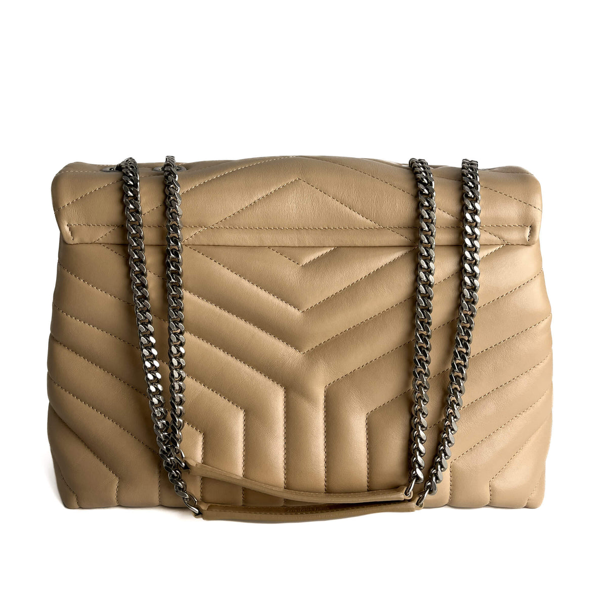 Second hand Saint Laurent Loulou Medium Leather Chevron Quilted Envelope Shoulder Bag Beige - Tabita Bags