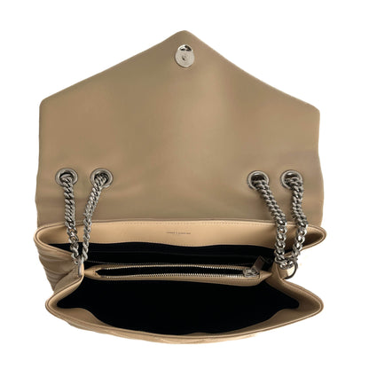 Second hand Saint Laurent Loulou Medium Leather Chevron Quilted Envelope Shoulder Bag Beige - Tabita Bags