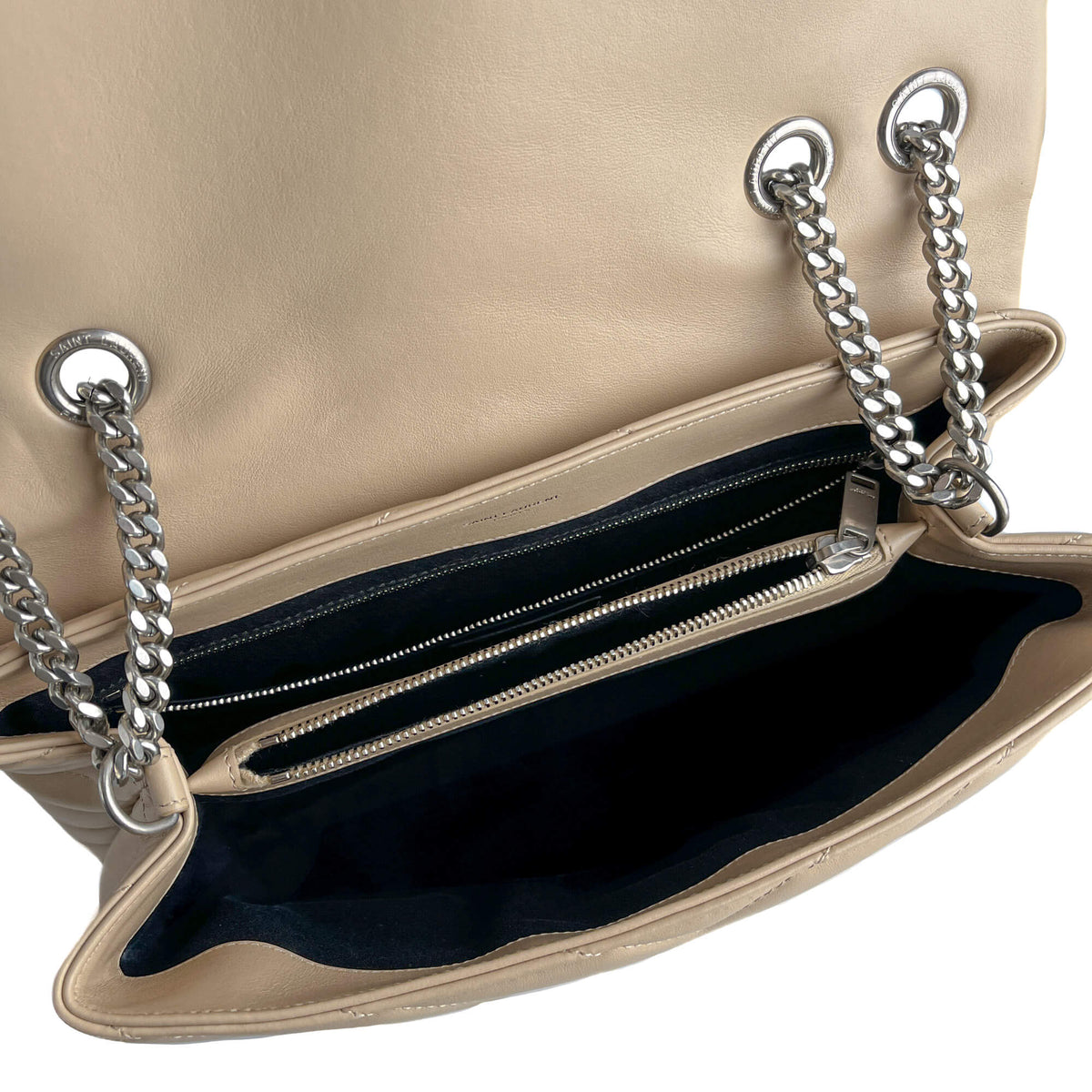 Second hand Saint Laurent Loulou Medium Leather Chevron Quilted Envelope Shoulder Bag Beige - Tabita Bags
