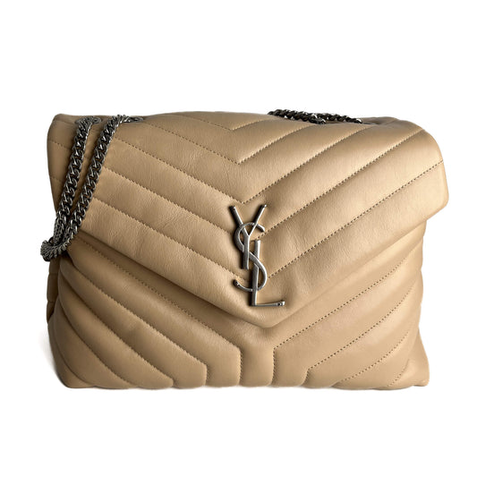 Second hand Saint Laurent Loulou Medium Leather Chevron Quilted Envelope Shoulder Bag Beige - Tabita Bags