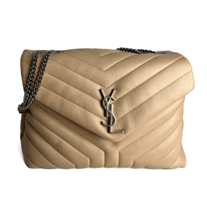 Second hand Saint Laurent Loulou Medium Leather Chevron Quilted Envelope Shoulder Bag Beige - Tabita Bags
