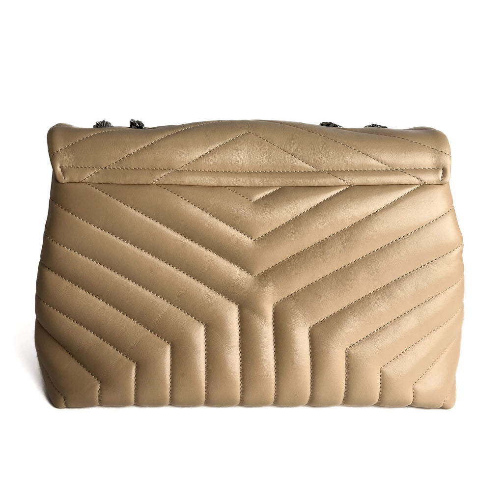 Second hand Saint Laurent Loulou Medium Leather Chevron Quilted Envelope Shoulder Bag Beige - Tabita Bags