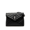 Second hand Saint Laurent Loulou Medium Leather Chevron Quilted Envelope Shoulder Bag Black - Tabita Bags