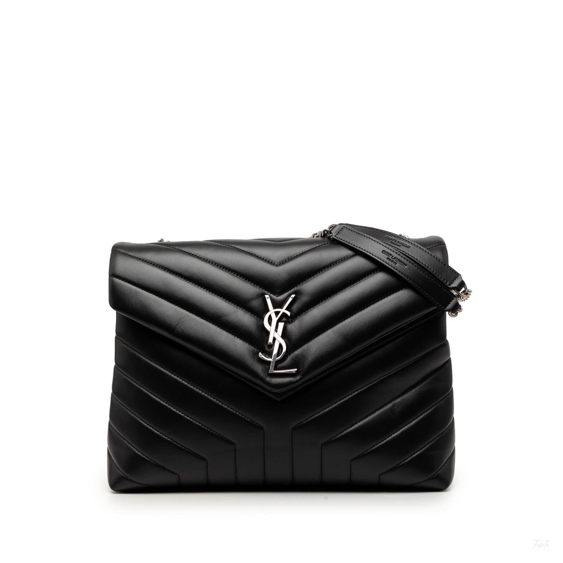 Second hand Saint Laurent Loulou Medium Leather Chevron Quilted Envelope Shoulder Bag Black - Tabita Bags