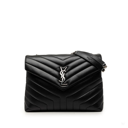 Second hand Saint Laurent Loulou Medium Leather Chevron Quilted Envelope Shoulder Bag Black - Tabita Bags