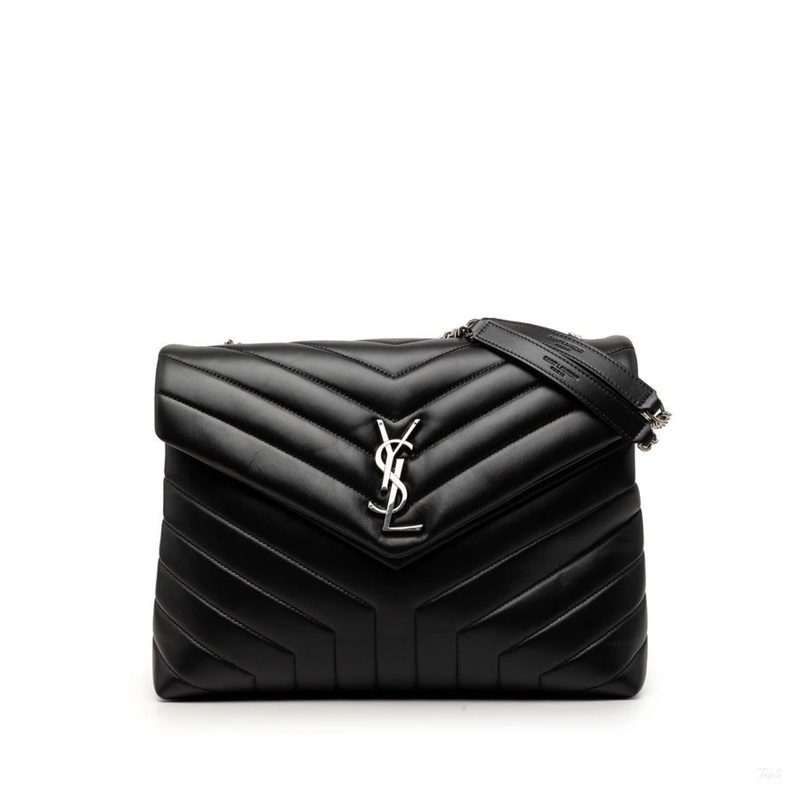 Second hand Saint Laurent Loulou Medium Leather Chevron Quilted Envelope Shoulder Bag Black - Tabita Bags