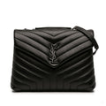 Second hand Saint Laurent Loulou Medium Leather Chevron Quilted Envelope Shoulder Bag Black - Tabita Bags