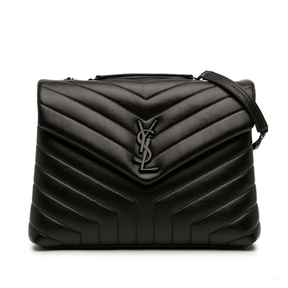 Second hand Saint Laurent Loulou Medium Leather Chevron Quilted Envelope Shoulder Bag Black - Tabita Bags