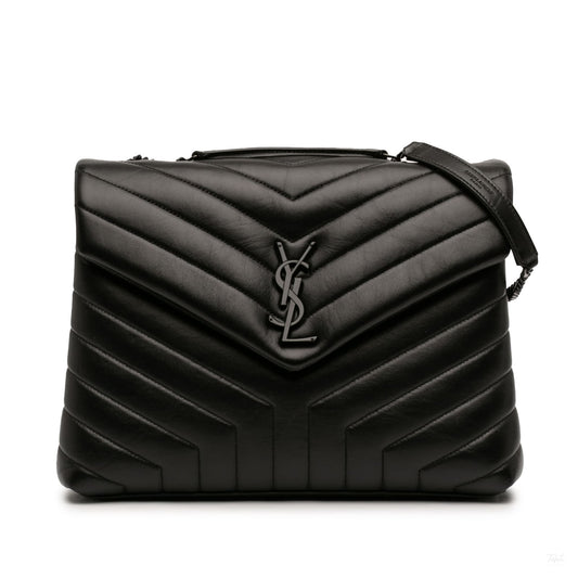 Second hand Saint Laurent Loulou Medium Leather Chevron Quilted Envelope Shoulder Bag Black - Tabita Bags