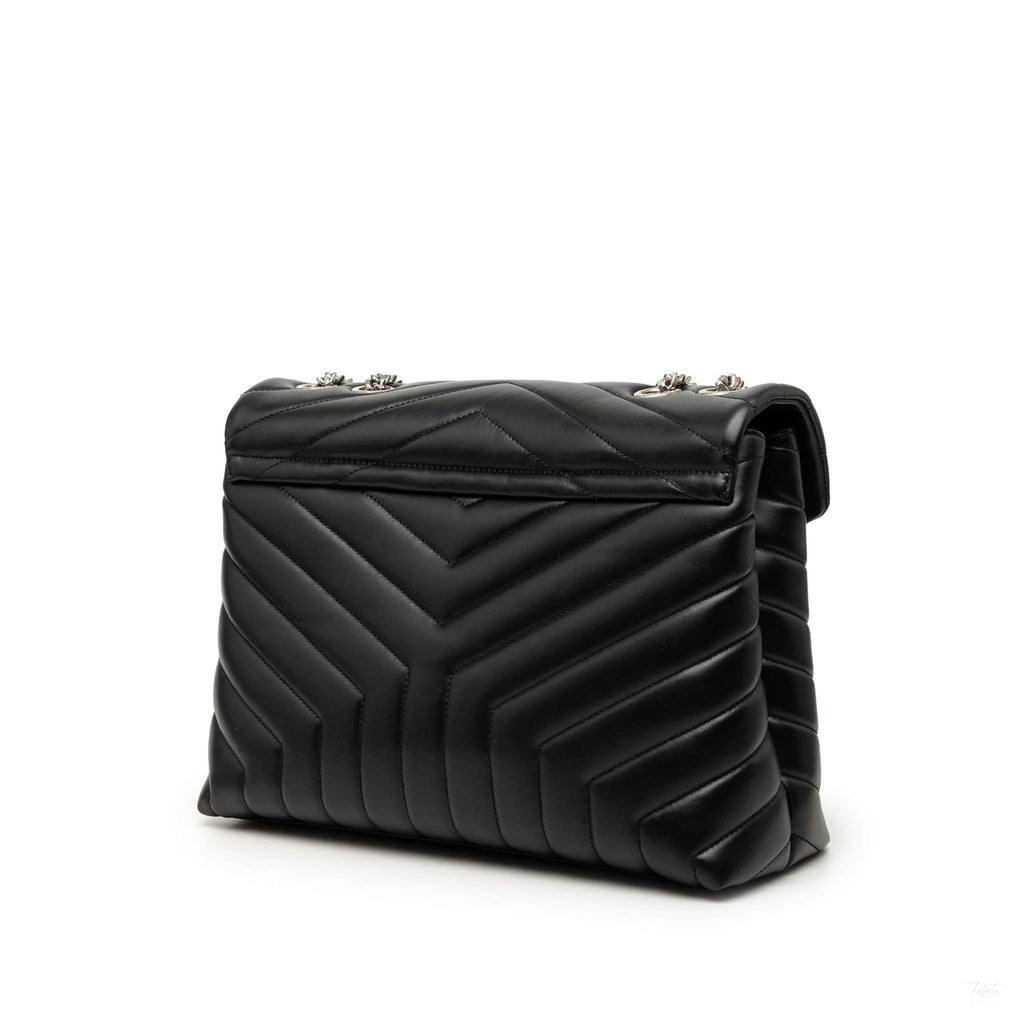 Second hand Saint Laurent Loulou Medium Leather Chevron Quilted Envelope Shoulder Bag Black - Tabita Bags