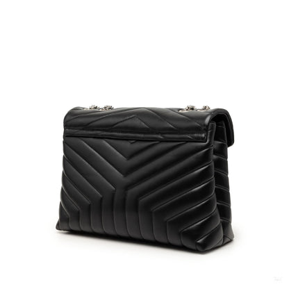 Second hand Saint Laurent Loulou Medium Leather Chevron Quilted Envelope Shoulder Bag Black - Tabita Bags