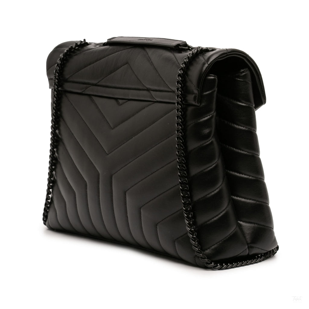 Second hand Saint Laurent Loulou Medium Leather Chevron Quilted Envelope Shoulder Bag Black - Tabita Bags