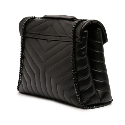 Second hand Saint Laurent Loulou Medium Leather Chevron Quilted Envelope Shoulder Bag Black - Tabita Bags