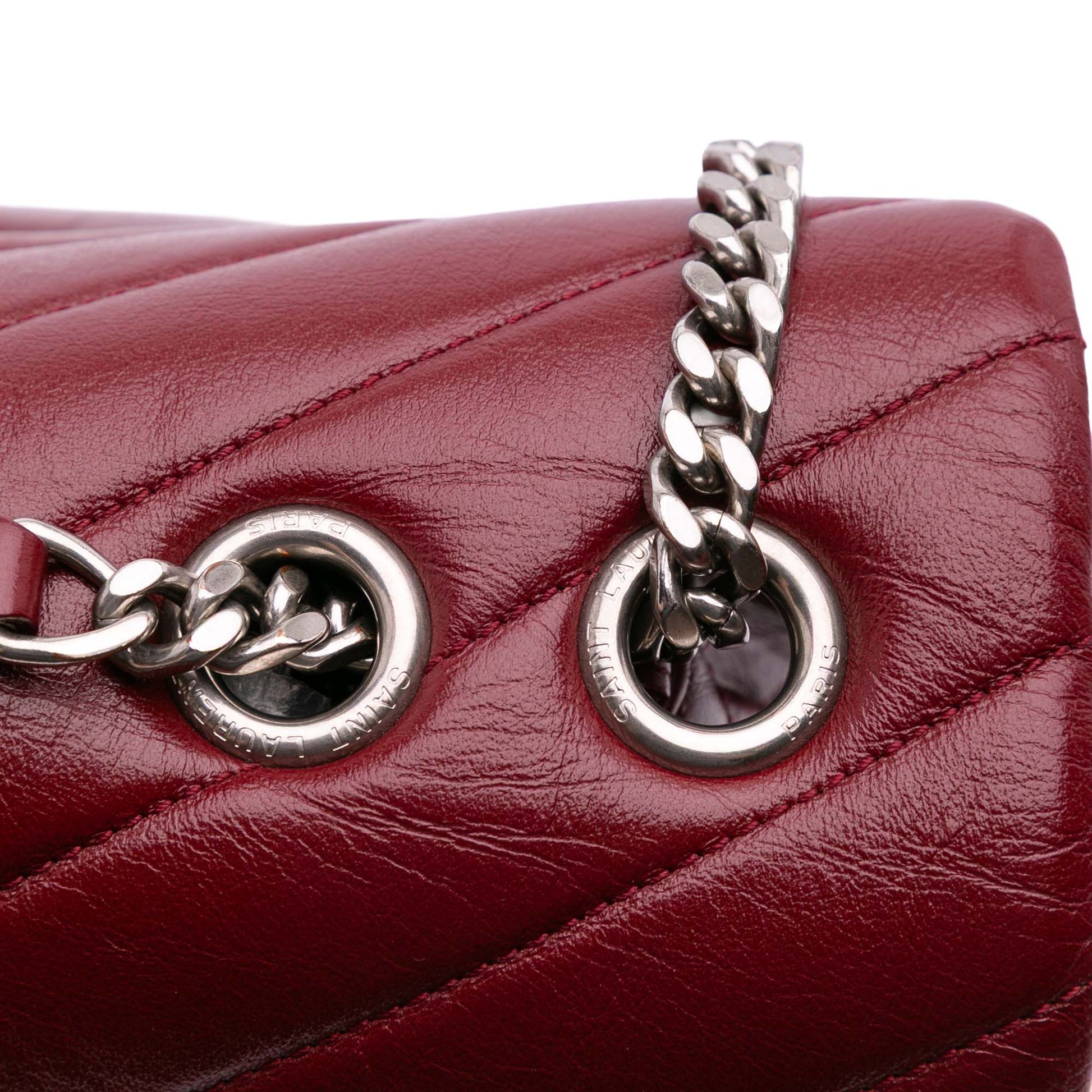 Second hand Saint Laurent Loulou Medium Leather Chevron Quilted Envelope Shoulder Bag Red - Tabita Bags