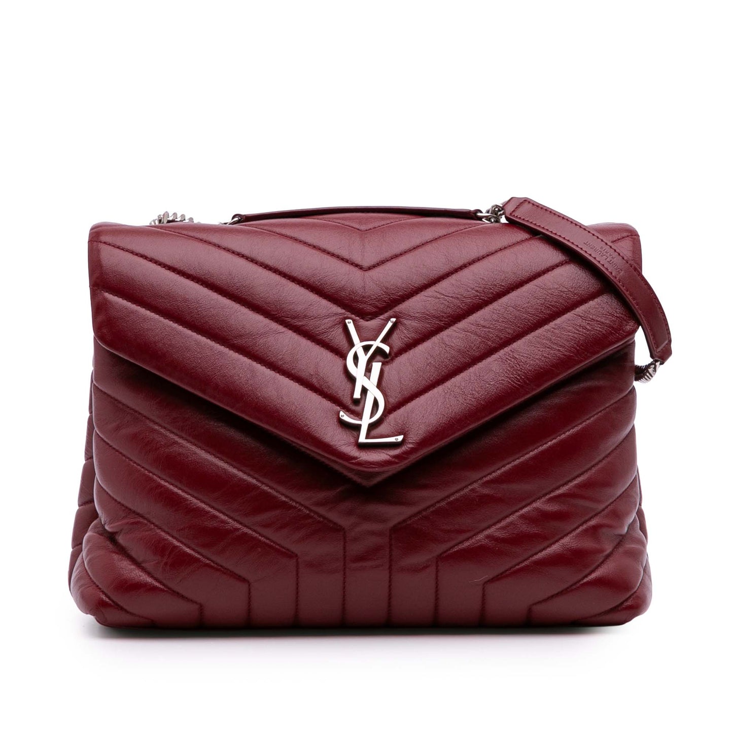 Second hand Saint Laurent Loulou Medium Leather Chevron Quilted Envelope Shoulder Bag Red - Tabita Bags