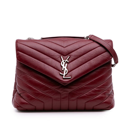 Second hand Saint Laurent Loulou Medium Leather Chevron Quilted Envelope Shoulder Bag Red - Tabita Bags