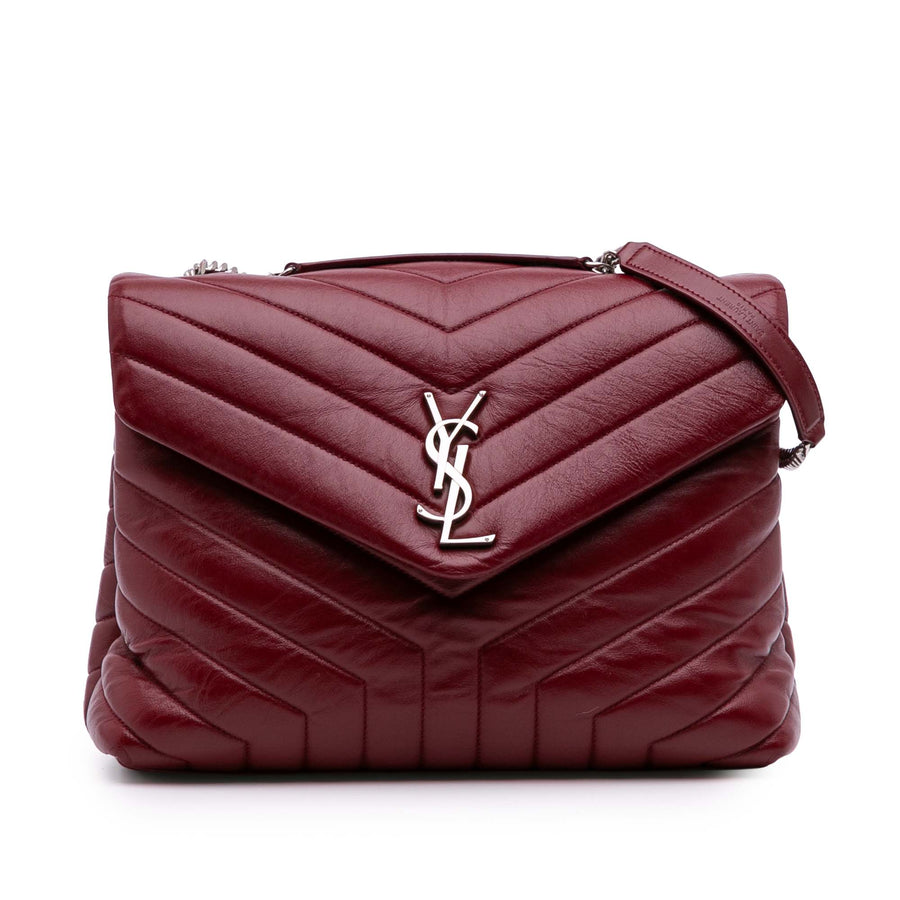 Second hand Saint Laurent Loulou Medium Leather Chevron Quilted Envelope Shoulder Bag Red - Tabita Bags