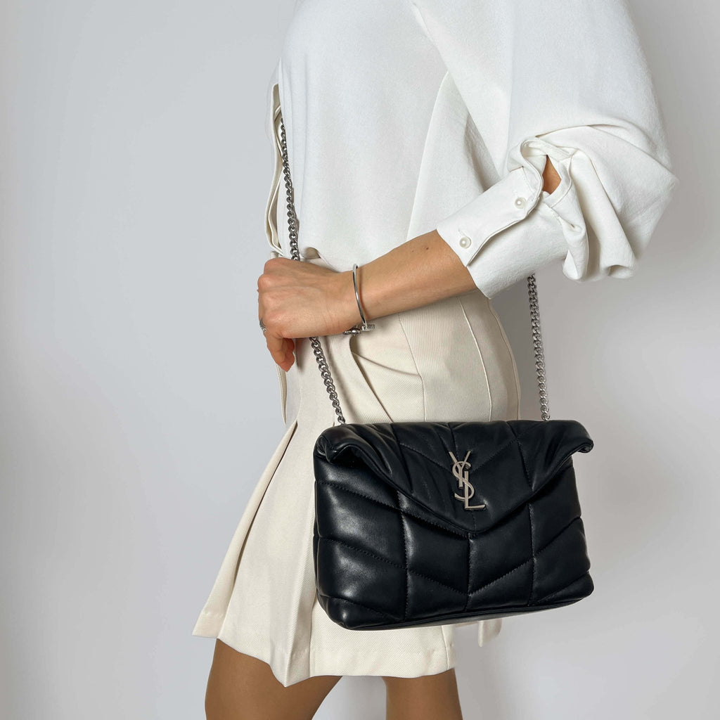 Second hand Saint Laurent Loulou Puffer Mini Chevron Quilted Leather 2 - Ways Envelope Crossbody Black - Tabita Bags