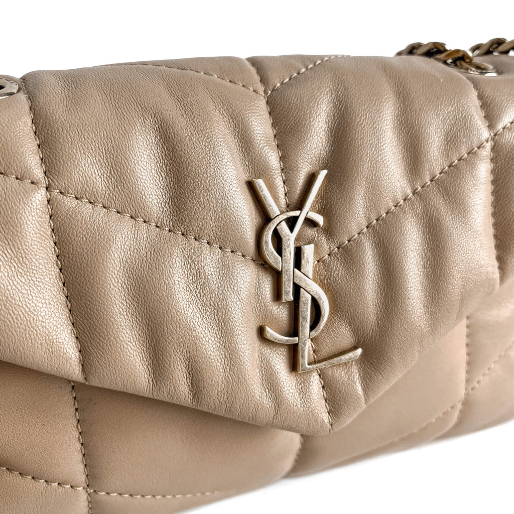 Second hand Saint Laurent Loulou Puffer Toy Chevron Quilted Leather 2 - Ways Envelope Crossbody Dark Beige - Tabita Bags
