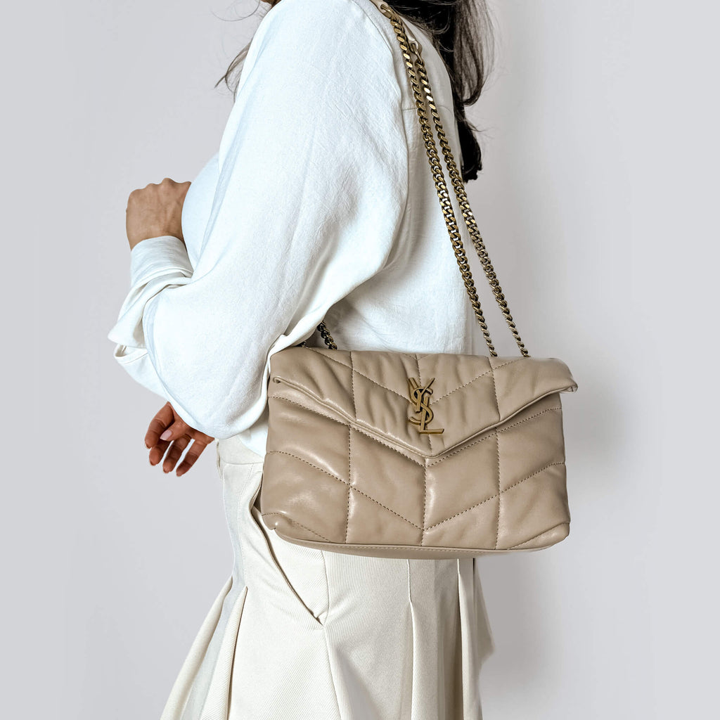 Second hand Saint Laurent Loulou Puffer Toy Chevron Quilted Leather 2 - Ways Envelope Crossbody Dark Beige - Tabita Bags