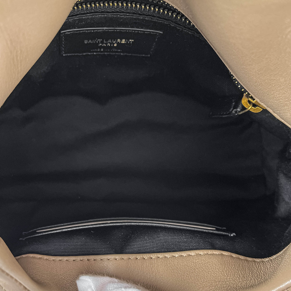 Second hand Saint Laurent Loulou Puffer Toy Chevron Quilted Leather 2 - Ways Envelope Crossbody Dark Beige - Tabita Bags
